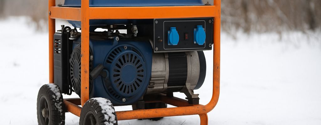 Portable generator with an orange frame sitting in the snow during winter.