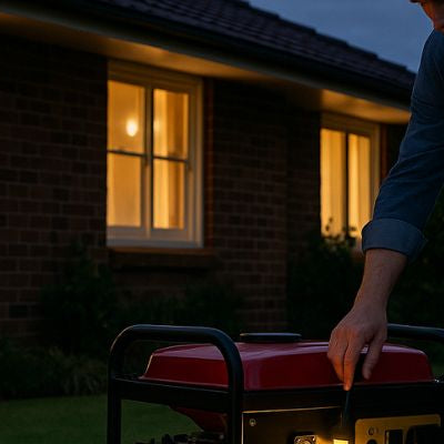 Homeowner turning off portable generator outside a suburban house at dusk with lights glowing