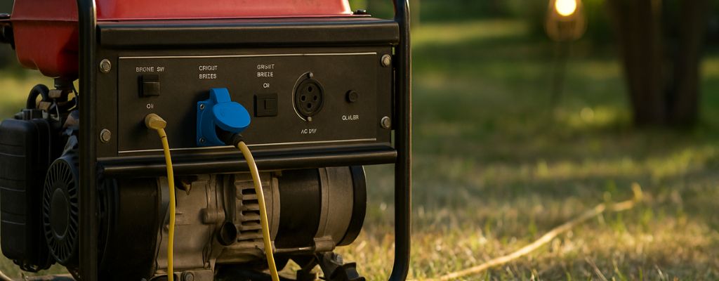 Wide outdoor view of a portable generator on grass with extension cord in evening light.