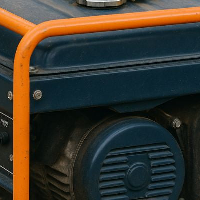 Portable generator safely stored outdoors with protective frame and clean setup