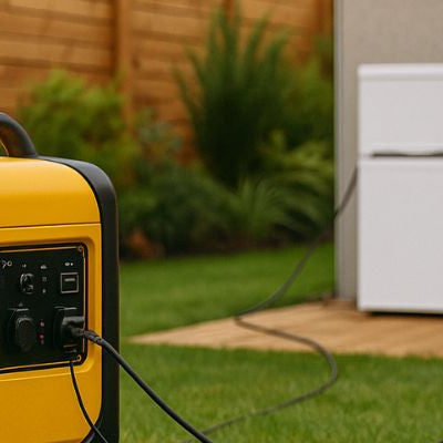Yellow portable generator on a backyard lawn with outdoor string lights and a fridge in the background