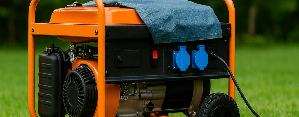Portable generator on green grass partially covered with a cloth