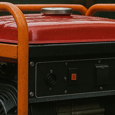 Portable generator on wet ground in a backyard during rainfall, with a wooden house in the background.