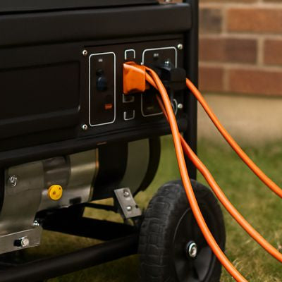 Portable generator outdoors on grass with cables connected to a house, suitable as a blog header image.