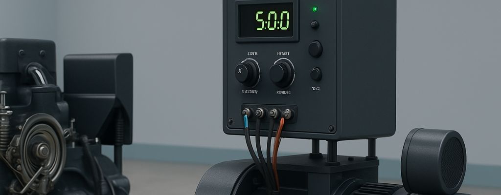 Industrial generator alternator and control panel in a modern indoor setting, designed for stable power frequency control