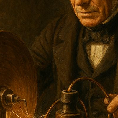 Michael Faraday conducting an early electromagnetic induction experiment with sparks flying from a copper disk in a dimly lit workshop