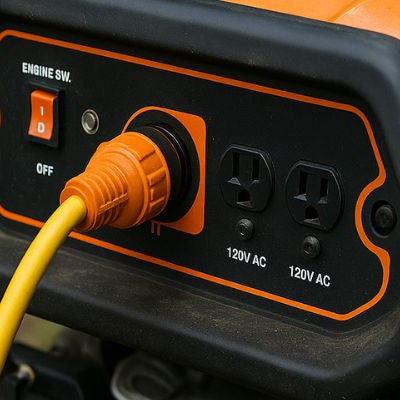 Wide cover image of a portable generator outdoors with a heavy-duty extension cord connected on grassy ground