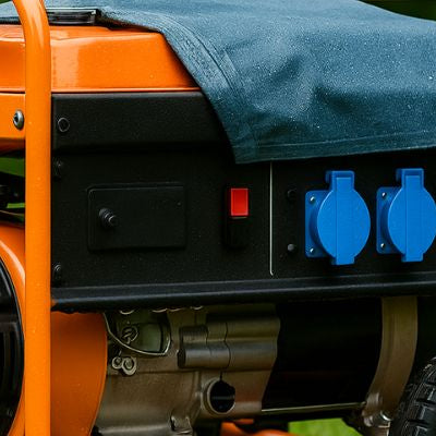 Portable generator on green grass partially covered with a cloth