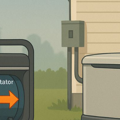 Illustration showing a portable generator beside a standby generator installed next to a suburban house