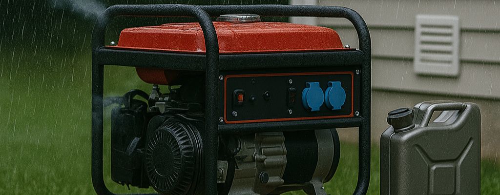 Portable generator in rain on grass beside a house with exhaust smoke and fuel can.