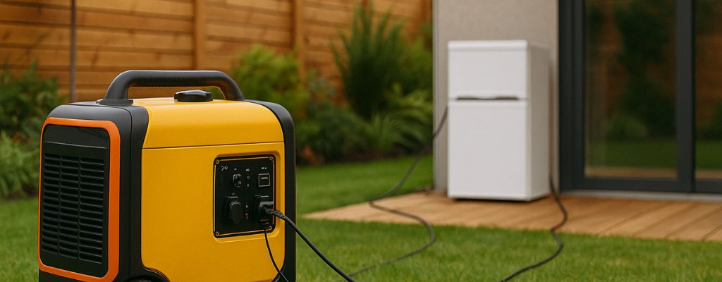 Yellow portable generator on a backyard lawn with outdoor string lights and a fridge in the background