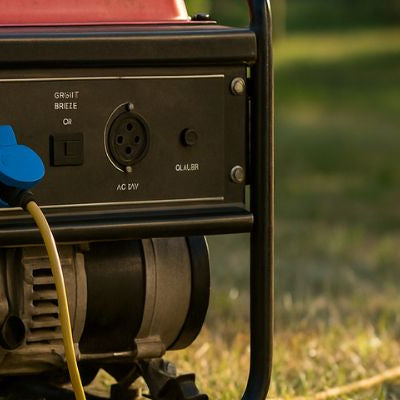 Wide outdoor view of a portable generator on grass with extension cord in evening light.
