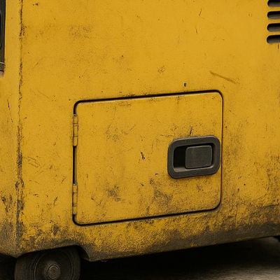 Worn yellow portable generator on concrete surface in an industrial setting, captured in daylight without text.