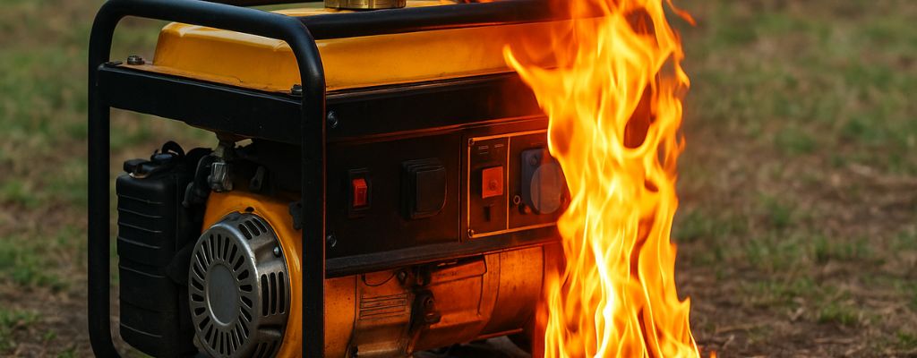 Wide outdoor view of a portable generator with flames, representing fire hazards.