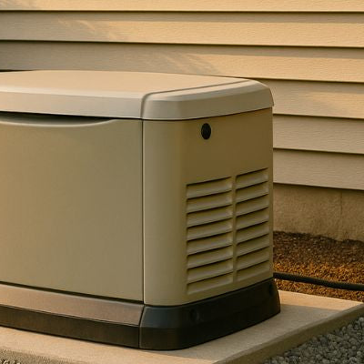Standby generator on concrete pad beside home with greenery in soft sunlight