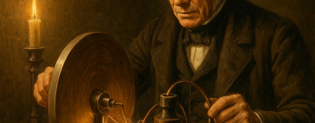 Michael Faraday conducting an early electromagnetic induction experiment with sparks flying from a copper disk in a dimly lit workshop