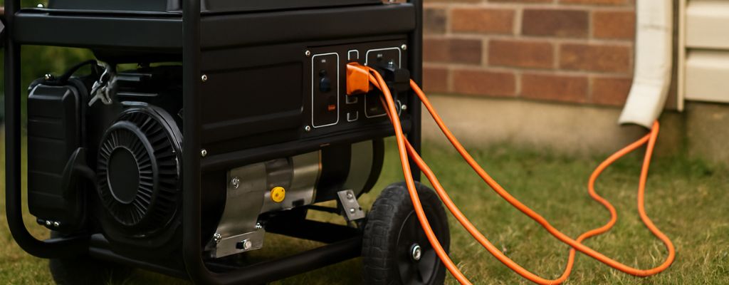 Portable generator outdoors on grass with cables connected to a house, suitable as a blog header image.