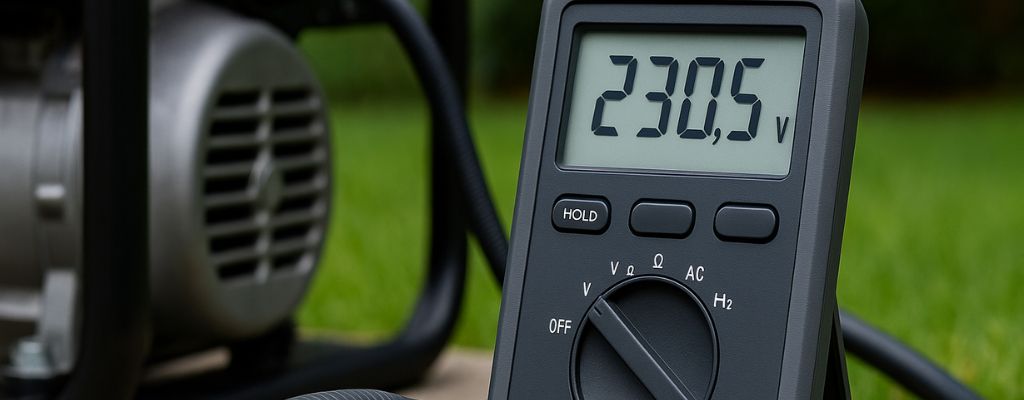 Portable generator with digital multimeter measuring voltage outdoors on a lawn