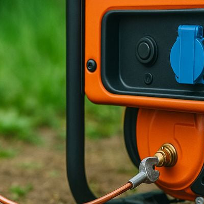 Portable generator grounded outdoors with copper rod in natural setting