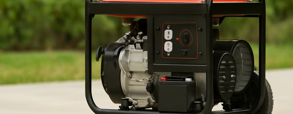 Portable generator on concrete outdoors with blurred greenery in the background
