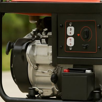 Portable generator on concrete outdoors with blurred greenery in the background