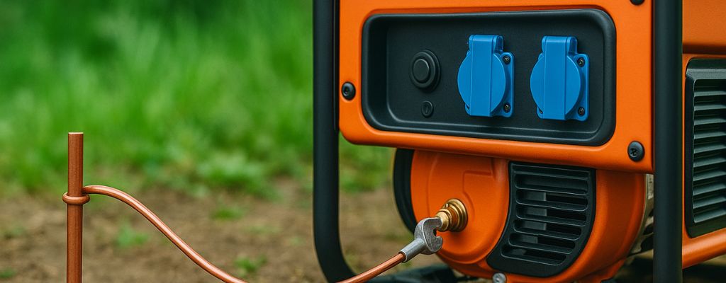 Portable generator grounded outdoors with copper rod in natural setting