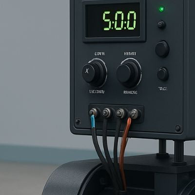 Industrial generator alternator and control panel in a modern indoor setting, designed for stable power frequency control