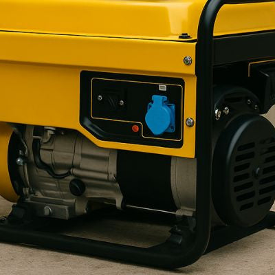 Industrial yellow generator outdoors near commercial building with safety signs