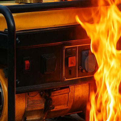 Wide outdoor view of a portable generator with flames, representing fire hazards.