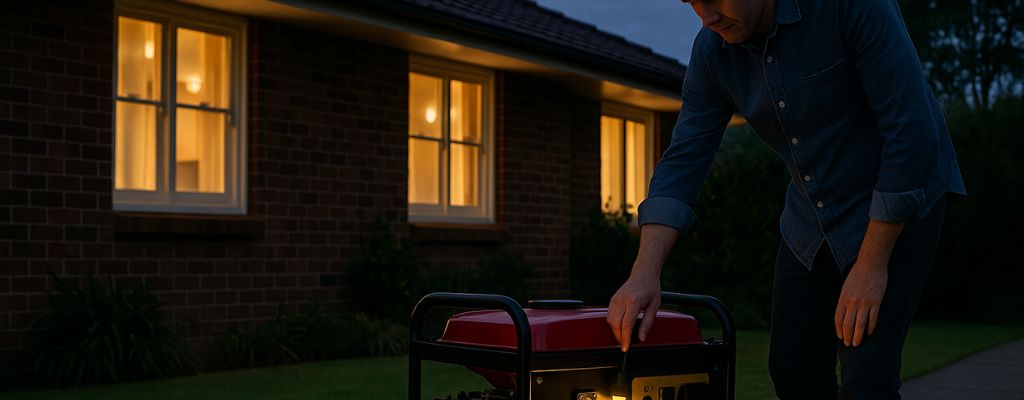 Homeowner turning off portable generator outside a suburban house at dusk with lights glowing