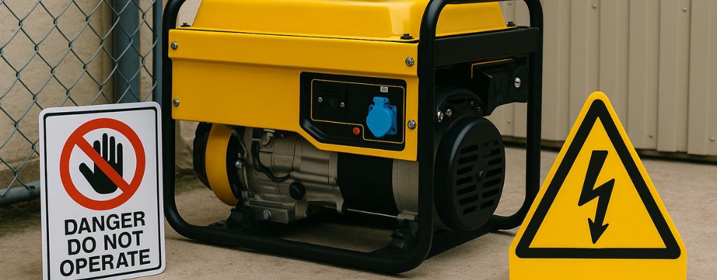 Industrial yellow generator outdoors near commercial building with safety signs