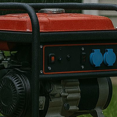 Portable generator in rain on grass beside a house with exhaust smoke and fuel can.