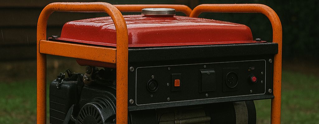 Portable generator on wet ground in a backyard during rainfall, with a wooden house in the background.