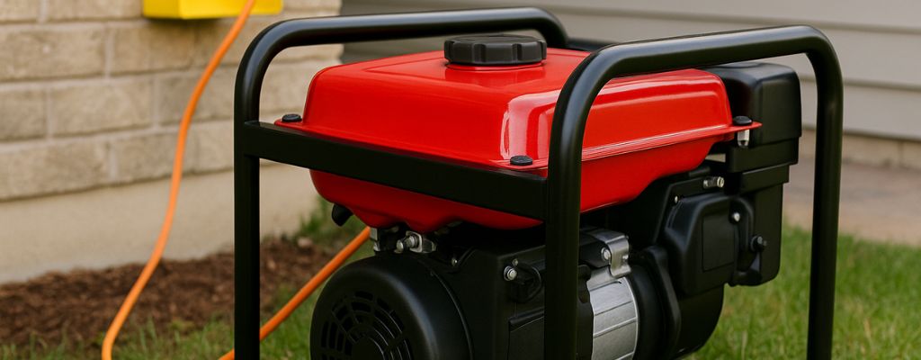 Portable generator safely connected outside a suburban home on a clear day