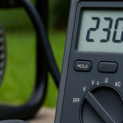Portable generator with digital multimeter measuring voltage outdoors on a lawn
