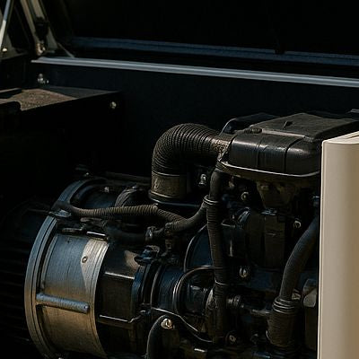 Standby generator installed outdoors on a concrete pad beside a home wall, cover open showing engine