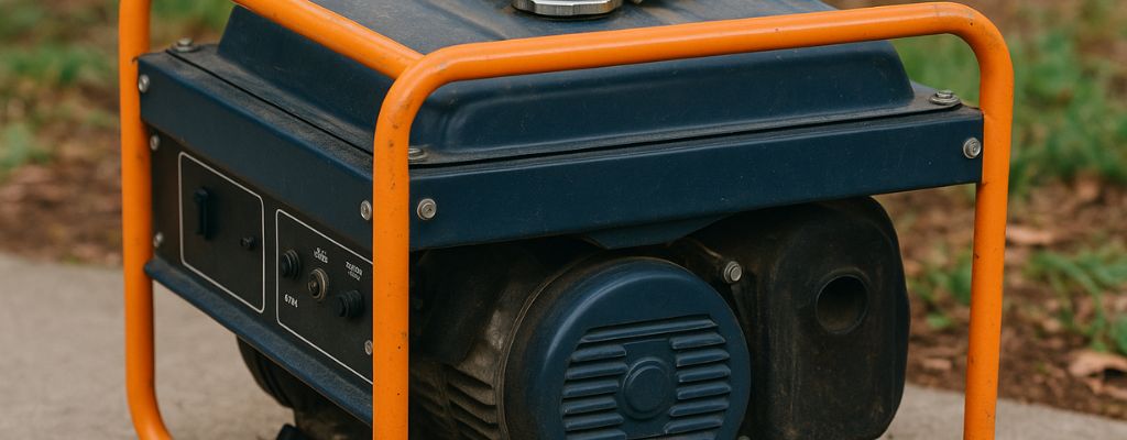 Portable generator safely stored outdoors with protective frame and clean setup