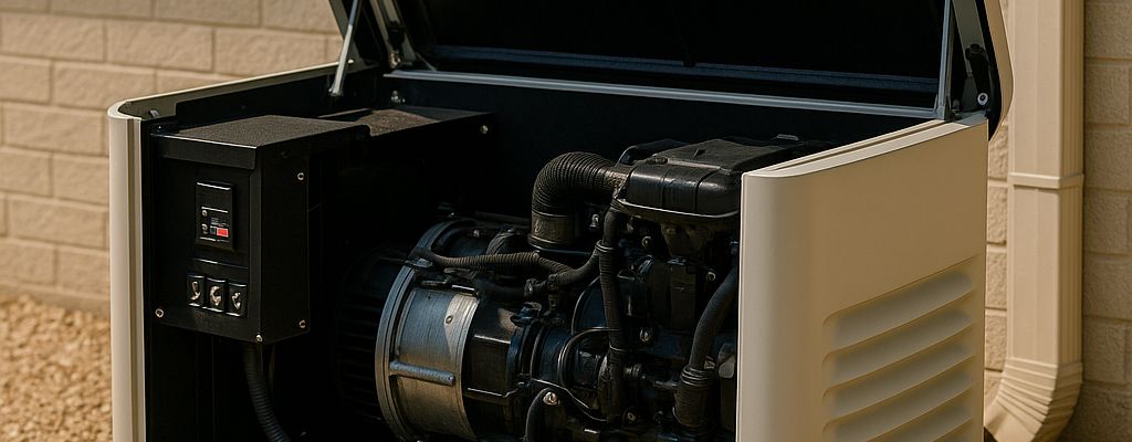 Standby generator installed outdoors on a concrete pad beside a home wall, cover open showing engine
