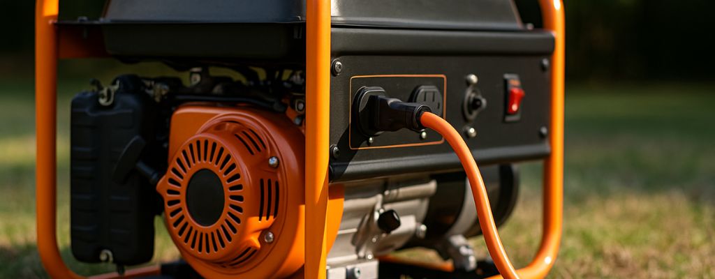 Portable generator outdoors with heavy-duty extension cord connected, on grass with natural background
