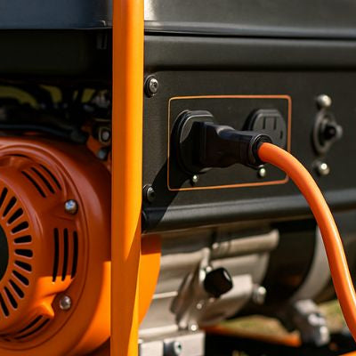 Portable generator outdoors with heavy-duty extension cord connected, on grass with natural background