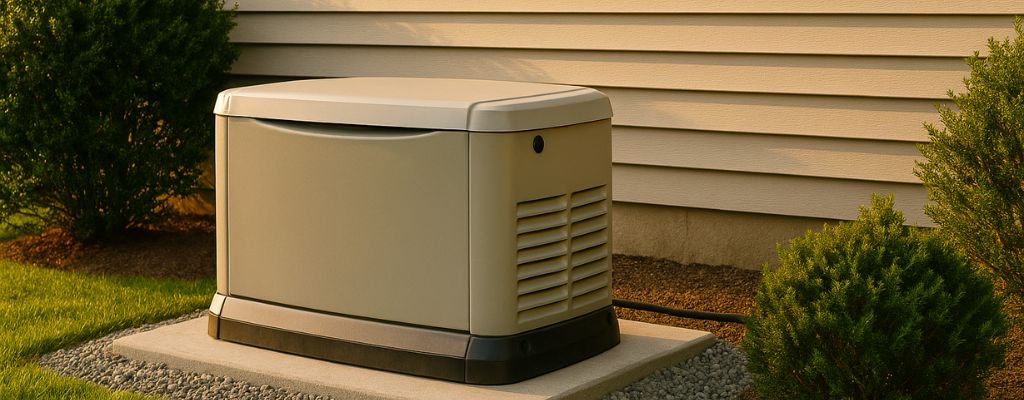 Standby generator on concrete pad beside home with greenery in soft sunlight