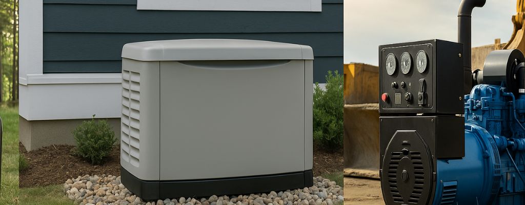 Wide cover image showing portable, standby, and industrial diesel generators in different Australian settings