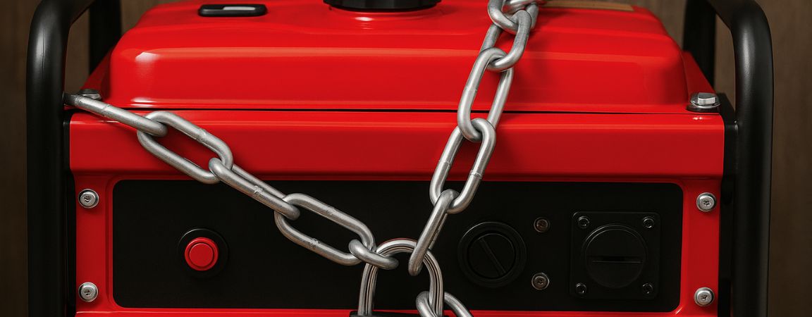 Red portable generator secured with a heavy-duty chain and padlock, photographed as a wide cover image against a wooden backdrop.