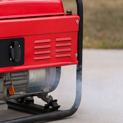 Portable red and black generator on concrete with light smoke outdoors.