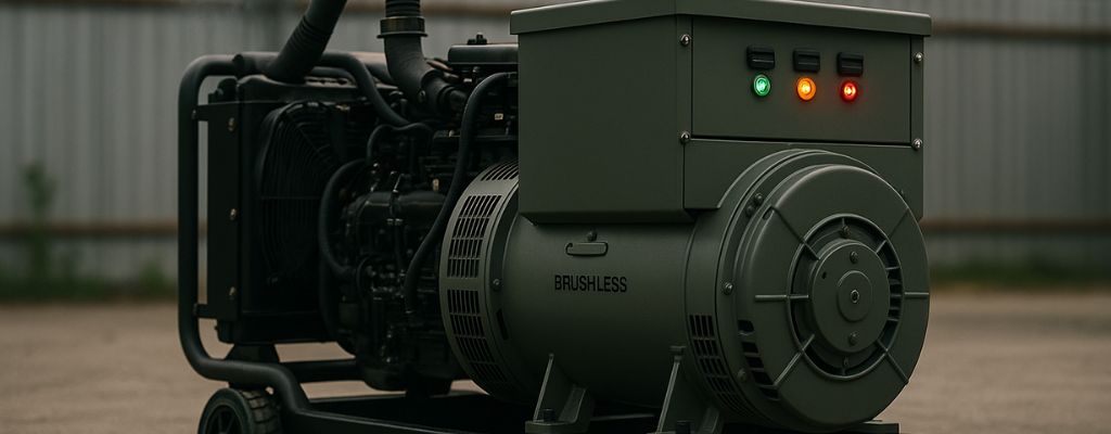 Wide-angle image of a portable brushless generator outdoors with glowing indicator lights and visible exhaust smoke.