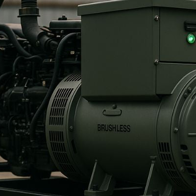 Wide-angle image of a portable brushless generator outdoors with glowing indicator lights and visible exhaust smoke.