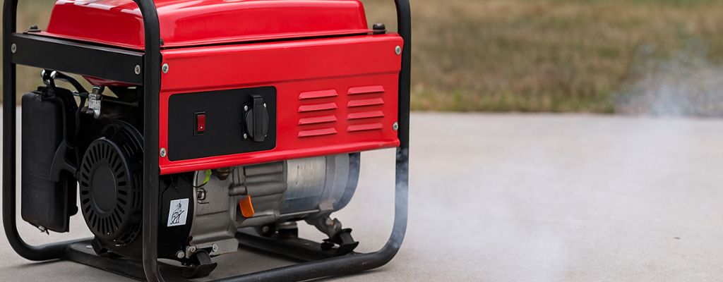 Portable red and black generator on concrete with light smoke outdoors.