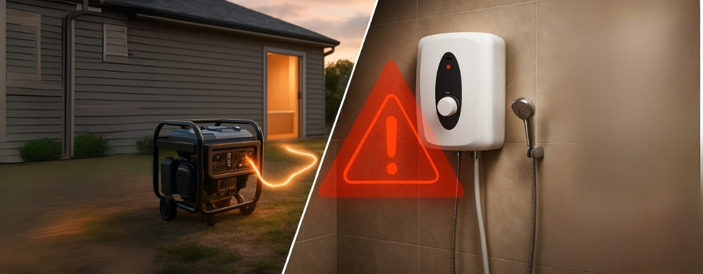 Split-screen showing outdoor generator powering bathroom and electric shower heater with warning symbol