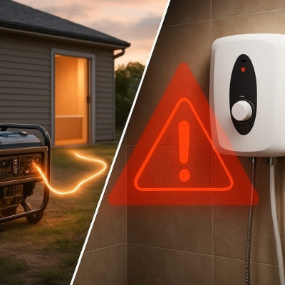 Split-screen showing outdoor generator powering bathroom and electric shower heater with warning symbol