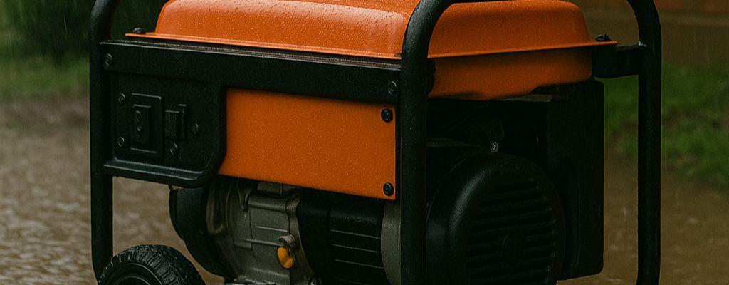 Portable generator partially submerged in floodwater during heavy rain outside a brick house